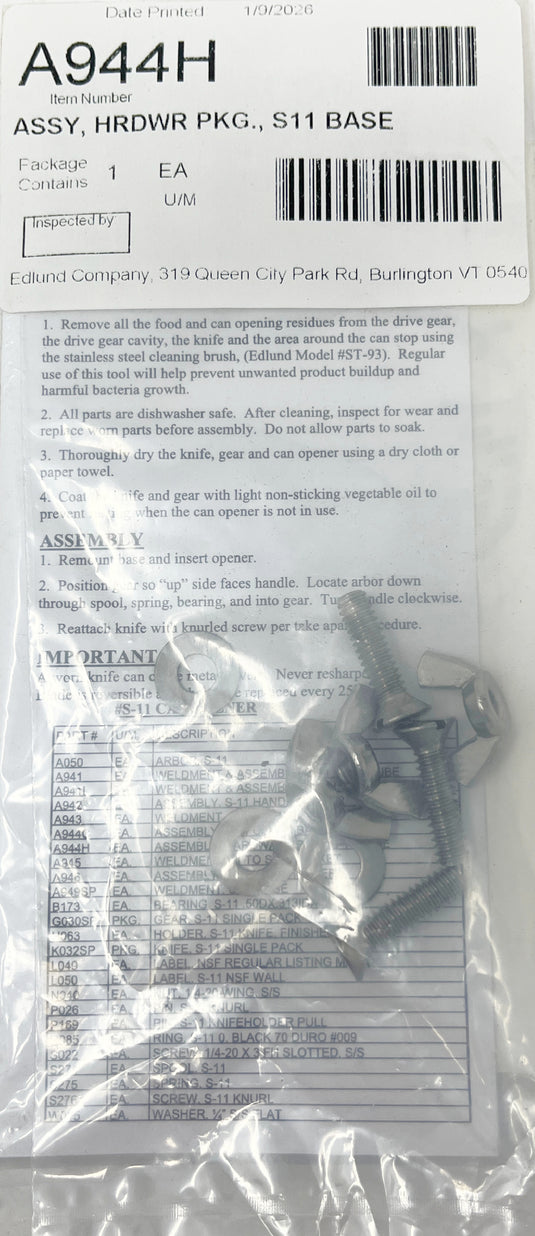 Can Opener Base fits Edlund S-11, Mounting Hardware Included