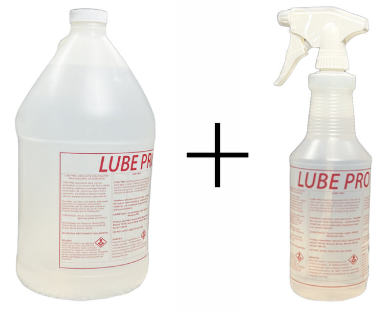 Load image into Gallery viewer, Lube Pro Food Equipment Oil - Quart bottle with Sprayer Plus Gallon Jug Refill Bottle - Easy, No Drip Application - Authorized by the USDA
